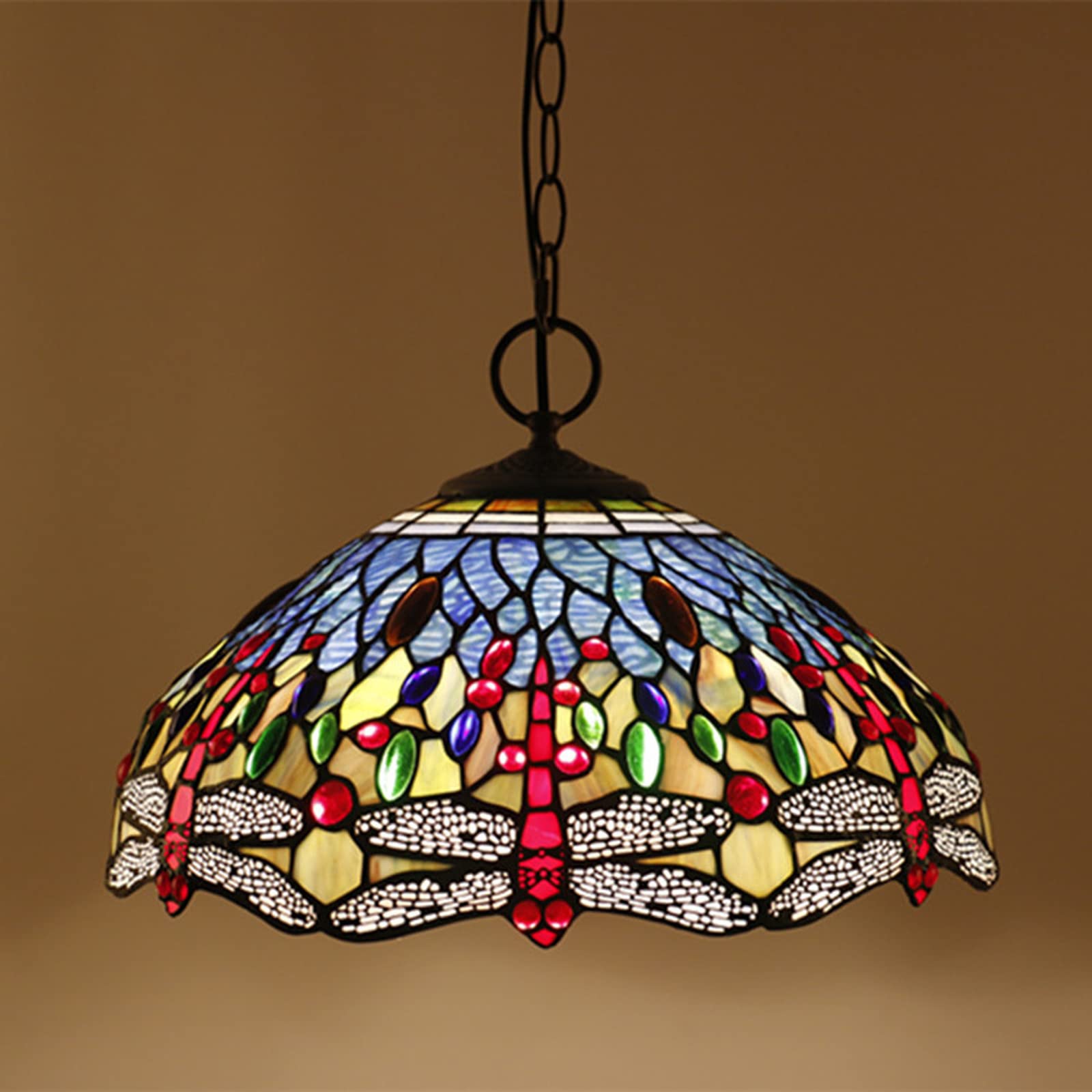 YNIYUJKL Tiffany-Style Dragonfly Chandeliers,16 Inch Vintage Stained Glass Pendant Light, Adjustable E27 Ceiling Light For Living Room Bedroom Dining Room,D