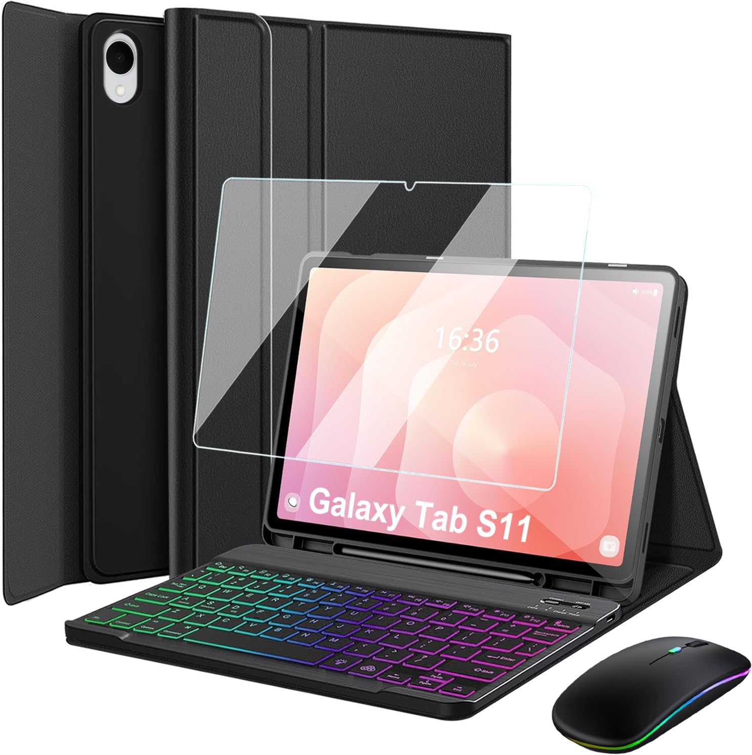 Keyboard Case for Samsung Galaxy Tab S11 2025 11 Inch 5G SM-X736B/ WIFI SM-X730, LED Bluetooth Mouse, 7-Color Rainbow Backlight Detachable Wireless Keyboard Cover with Screen Protector (Black)