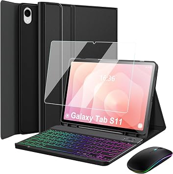 Keyboard Case for Samsung Galaxy Tab S11 2025 11 Inch 5G SM-X736B/ WIFI SM-X730, LED Bluetooth Mouse, 7-Color Rainbow Backlight Detachable Wireless Keyboard Cover with Screen Protector Black