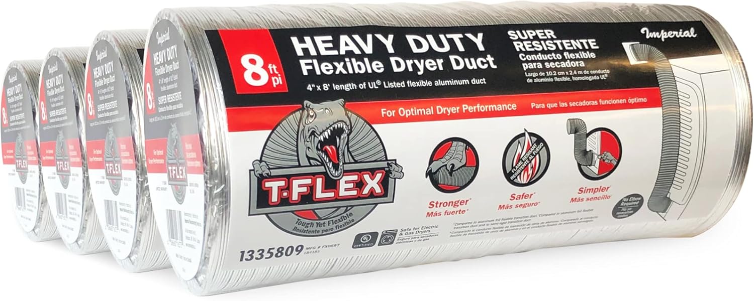 Imperial FX0597 T-Flex Heavy-Duty Flexible Dryer Duct Vent Hose, 4-in x 8-ft, 4-Pack