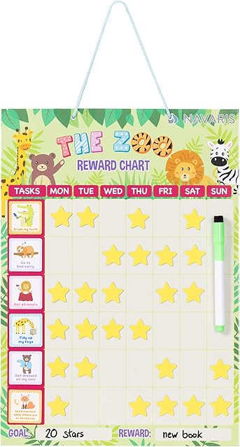 Navaris Kids Magnetic Reward Chart - Behaviour Rewards Board Weekly Planner for Children - With Stars, Activity Magnets, Pen - Zoo Design