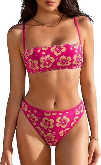 SUUKSESS Women Bandeau High Waisted Bikini Set Cheeky High Cut 2 Piece Swimsuits