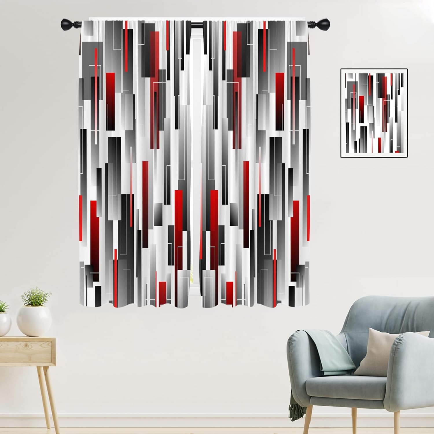 Red and Black Curtains Burgundy Grey White Ombre Abstract Modern Geometric Geometry Mens Cool 42W x 63L Inches Rod Pocket for Bedroom Living Dining Room Window Drapes Treatment Fabric 2 Panels