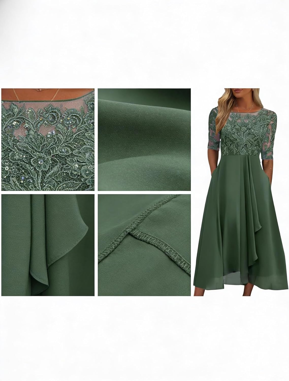 OSCORP Womens Lace Chiffon Midi Dress 2026 Spring, Elegant 1/2 Sleeve Wedding Guest Cocktail Party Formal Dress - Image 4