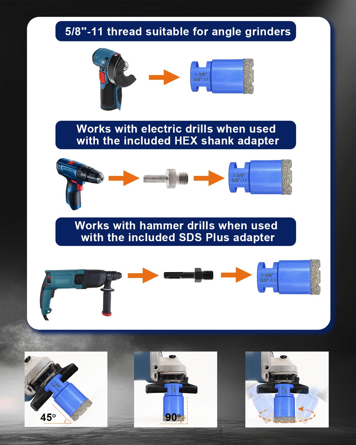 Diamond Tile Hole Saw Kit - 12Pcs 1/4'' X 2, 5/16'', 4/5'', 1-3/8'', 2'', 2-1/2'', 4'' Drill Bits, 4/5'' Finger Bit, 2'' Beveling Chamfer Bit, 2pcs Adapters for Porcelain Tile Ceramic Granite Marble