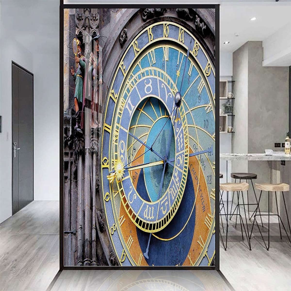 Blue and Yellow Privacy Window Film Decorative Old Town an Medieval Landmark of City Window Film Privacy Color Window Sticker Clock 35.4Wx78.7L-inch