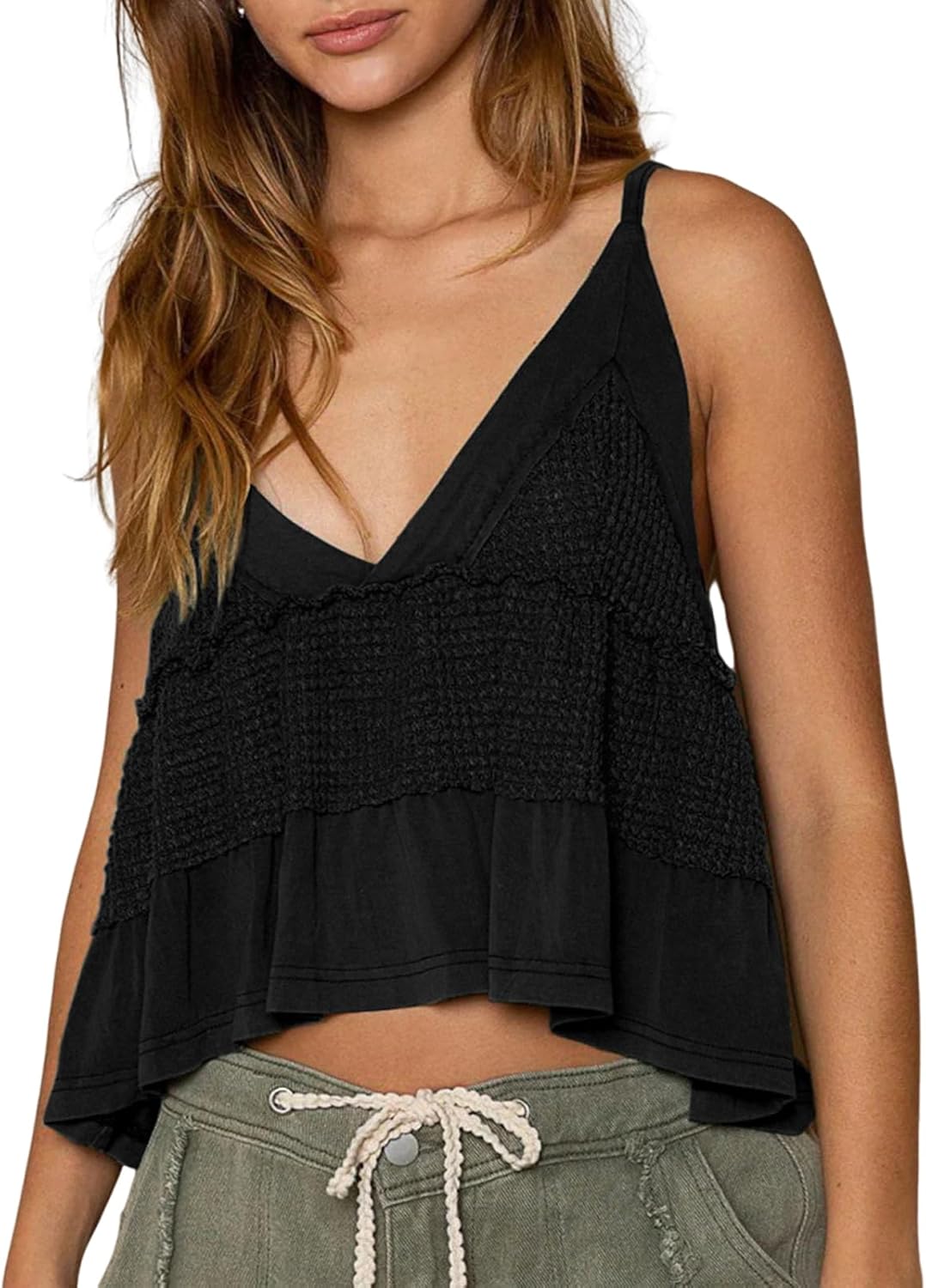 VNIRA Womens Sleeveless Peplum Spaghetti Strap Babydoll V Neck Ruffle Loose Fit Waffle Knit Crop Boho Tank Tops