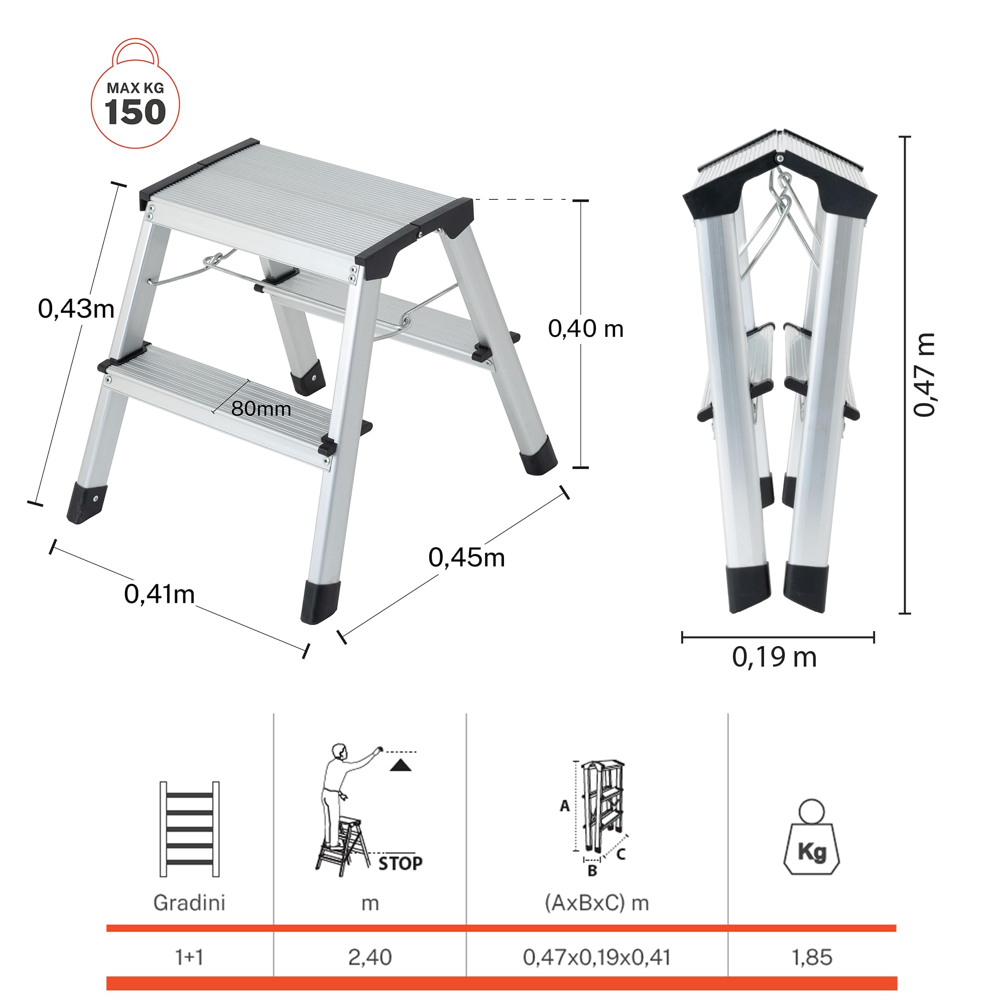 GIERRE Scaletta 2 gradini Doppia Salita 46H x 41 cm Scaletta Pieghevole con Piedini Antiscivolo Gradini da 8 Cm e Tiranti di Sicurezza Scala Alluminio Salvaspazio Perfetto per i Lavori Fai da Te