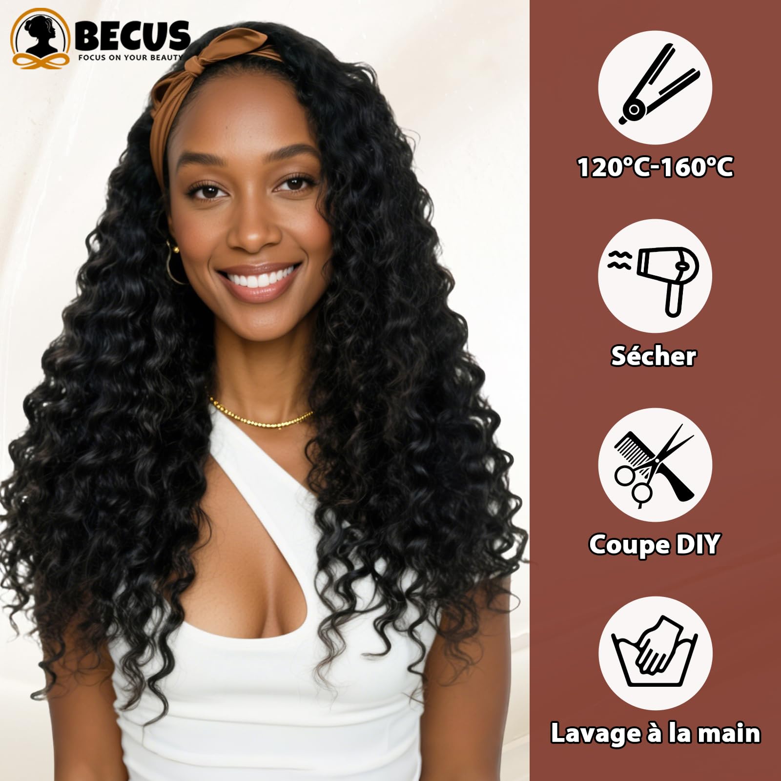 BECUS Perruque Bandeau Femme Bouclée Noire Naturelle 18 Pouces, Headband Wig Demi-Tête Sans Colle avec Bandeau, Aspect Naturel, Prête à Porter pour Usage Quotidien, Fêtes, Soirées et Débutantes
