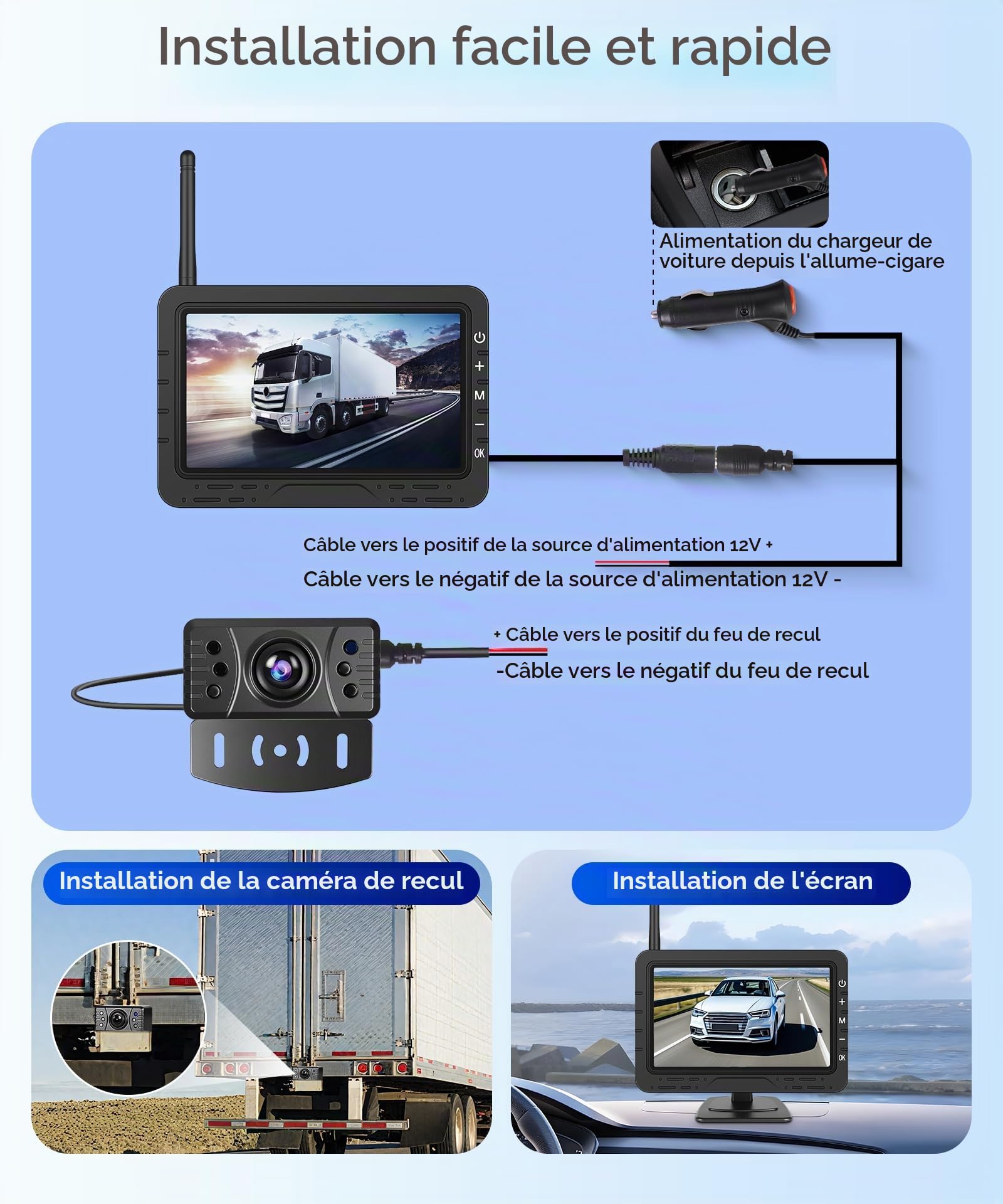 VECHTEL Caméra de recul sans Fil avec écran IPS HD de 4,3 Pouces, Vision Nocturne IP68, Aide à la Marche arrière sans Fil, Installation Facile, écran Amovible avec Prise Allume-Cigare