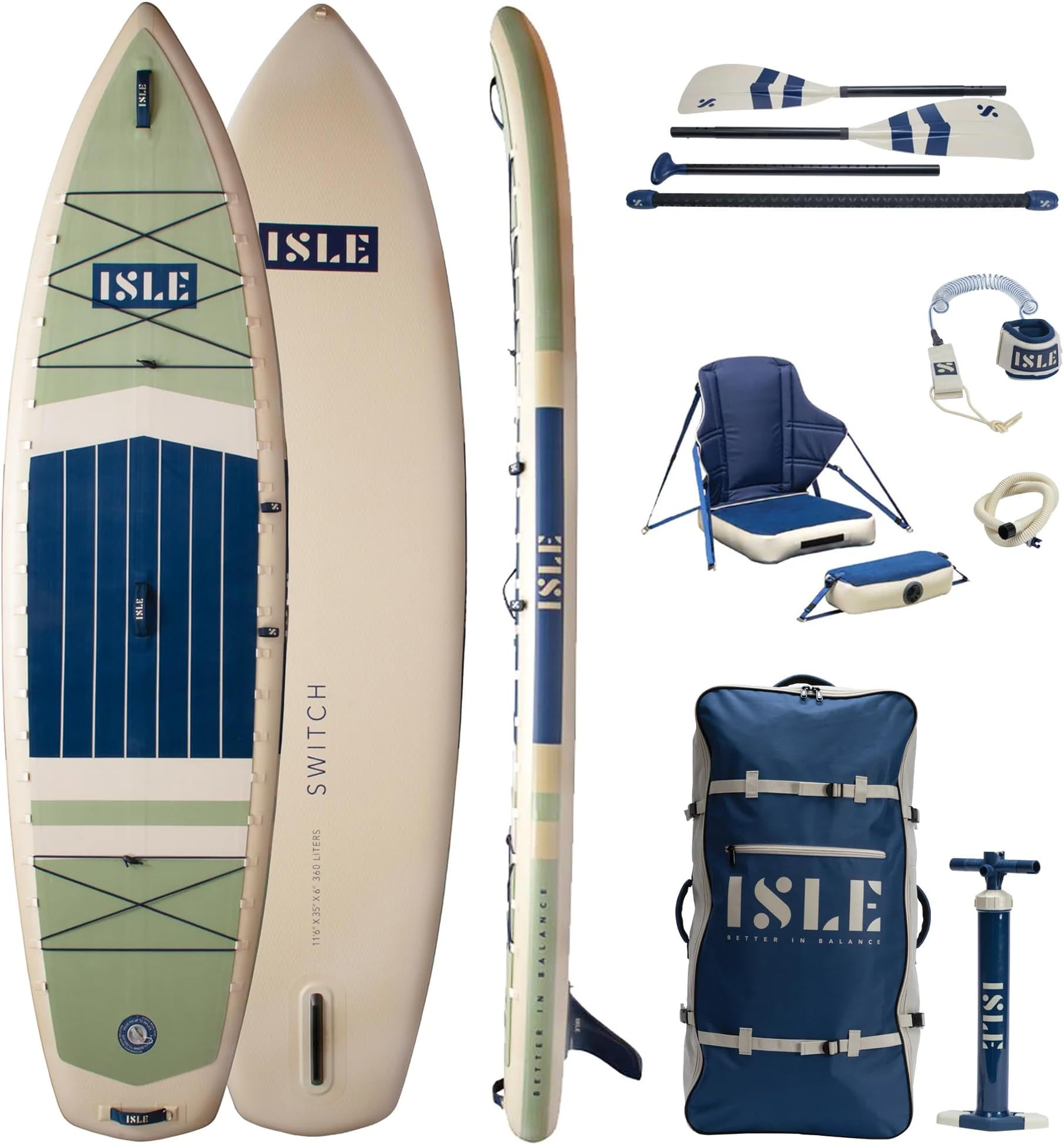 ISLE Switch Inflatable Hybrid Kayak-Stand Up Paddle Board | 2in1- Kayak & Paddle Board Bundle, Incl. Kayak Seat, Paddle, Hand Pump, Travel Bag