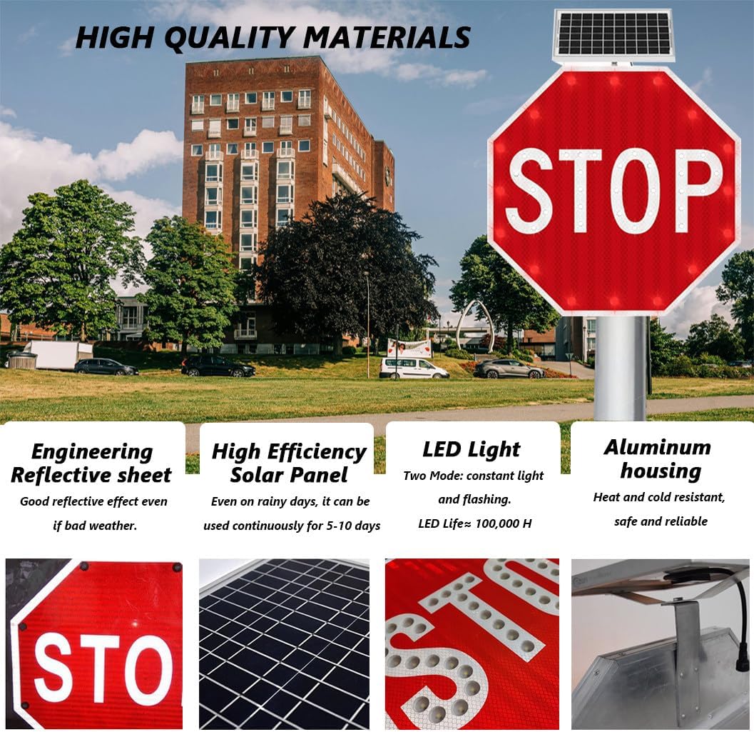 24" 30" Solar LED Stop Signs, Reflective Blinking Traffic Signal, Heavy Duty Aluminum, IP65 Waterproof, Windproof, Octagon Flashing Street Sign - 80cm (32in)