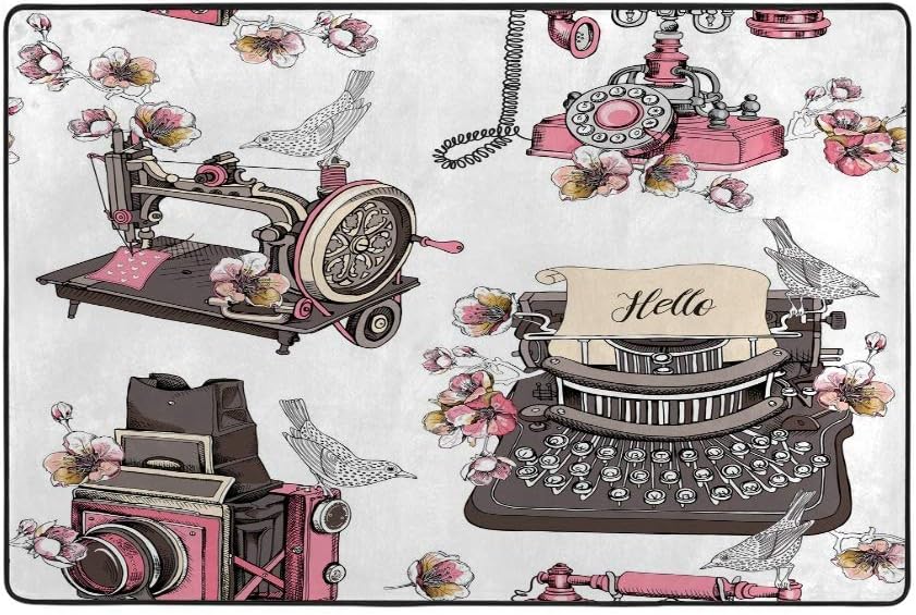 Nuansexi Area Pad Rugs Kids Nursery Rug Living Room Large Carpet Distressed Standing Floor Mats Absorption Polyester ﻿Vintage Typewriter Sewing Bedroom Living Room Decor 5'25" x 4'