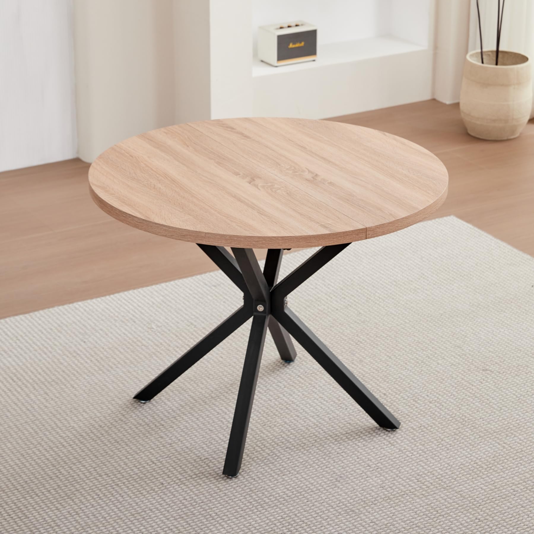 Esstisch und Stuhlset, 100 cm Runder Esstisch und 4 Moderne Leinenstühle, für Esszimmer, Küche, Wohnzimmer (Helle + Khaki)