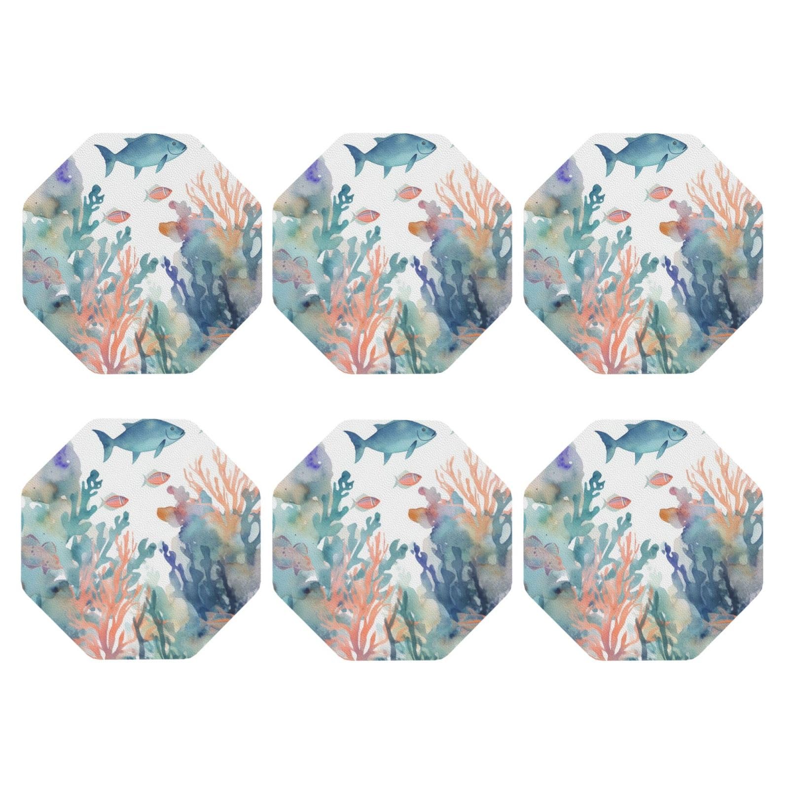 6pcs Leather Coasters for Drinks, Watercolor Fish and Coral Drink Coasters for Tabletop Protection, 4" Cup Coasters for Coffee Table Decor, Non-Slip Drinking Cup Mat for Hot Or Cold Drink