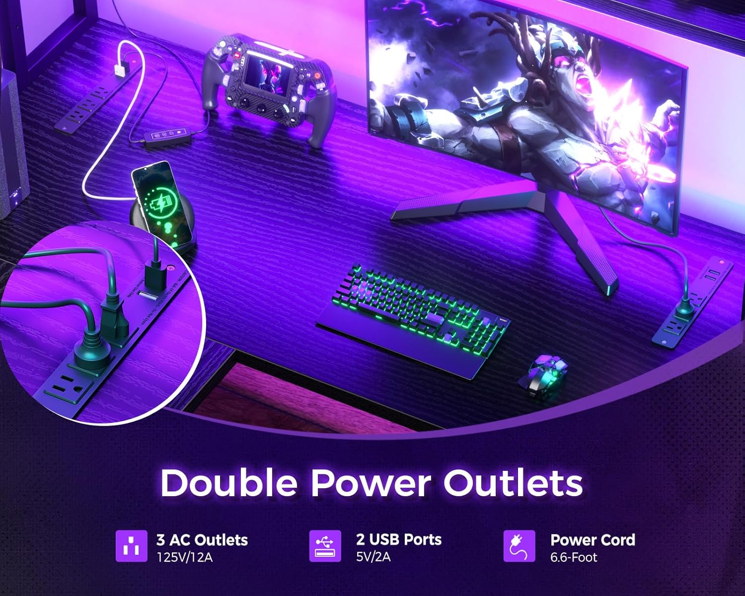 Close-up of the integrated power strip with 3 AC outlets and 2 USB ports on the AODK desk.