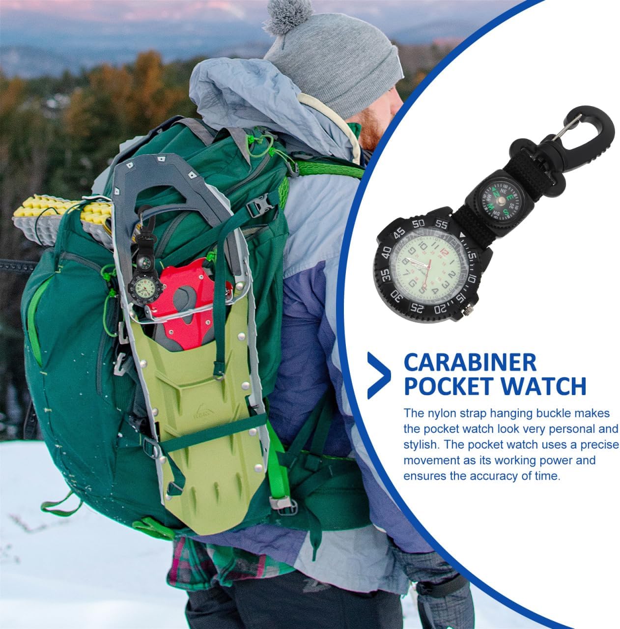 Hemobllo Carabiner Pocket Watch with Compass Outdoor Hanging Clip Watch for Hiking Backpackers Camping Sports 5.03X1.88X0.39In