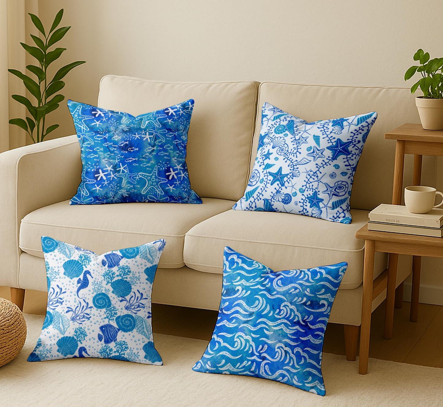 16x16, Cotton Cushion Covers Set of 4 Printed Throw Pillow Covers with Hidden Zip, Double Sided Design - Blue, Ocean Design