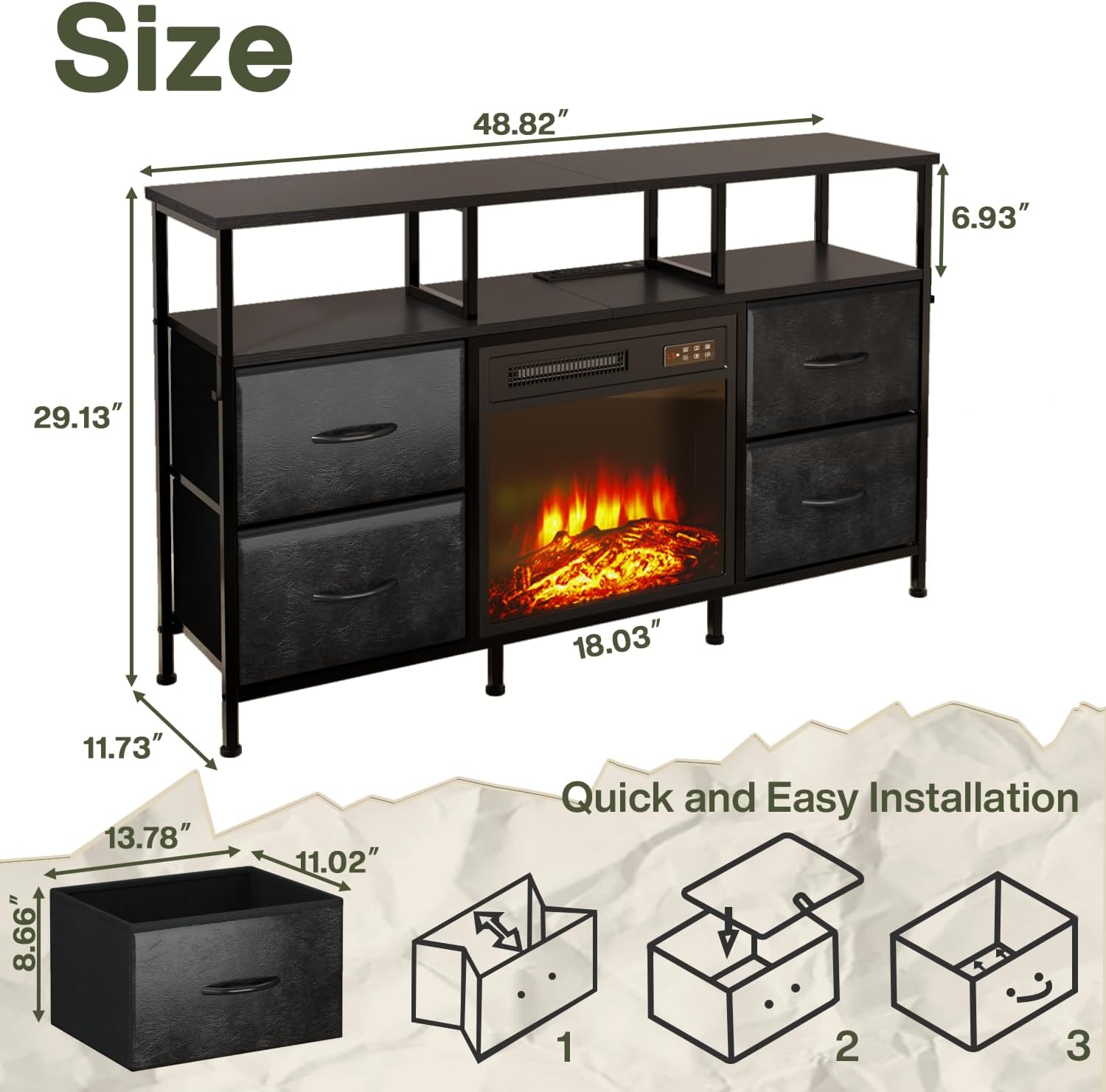 Fireplace TV Stand with 4 Drawers, Black Dresser TV Stand with Power Outlets & LED Lights for 55" TV, Small Entertainment Center with Fireplace with Open Shelf, PU Leather Surface Drawers