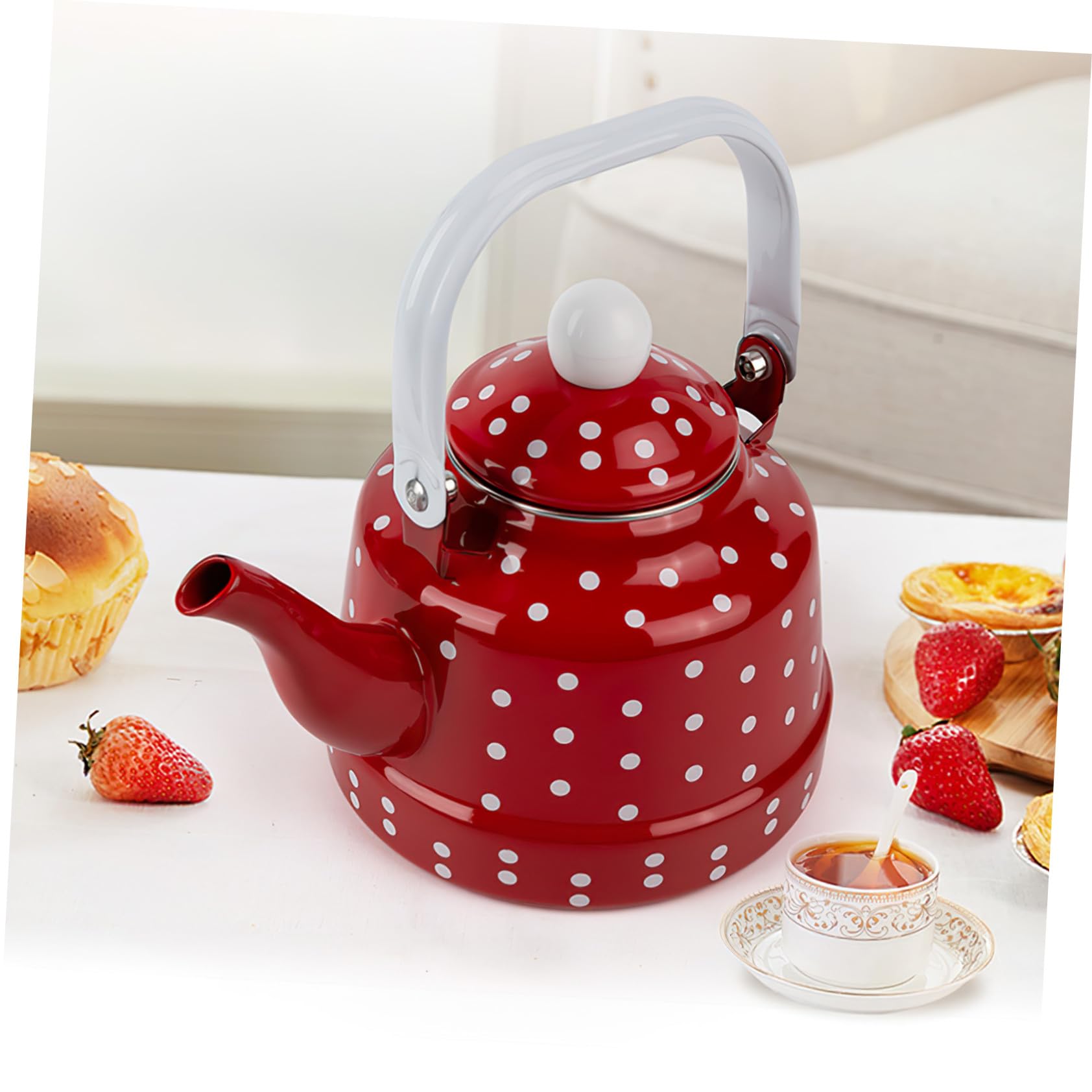 DOITOOL Tetera de Esmalte con Filtro para Infusiones Diseño Vintage Rojo con Puntos Resistente y Segura para Preparar Té Casa