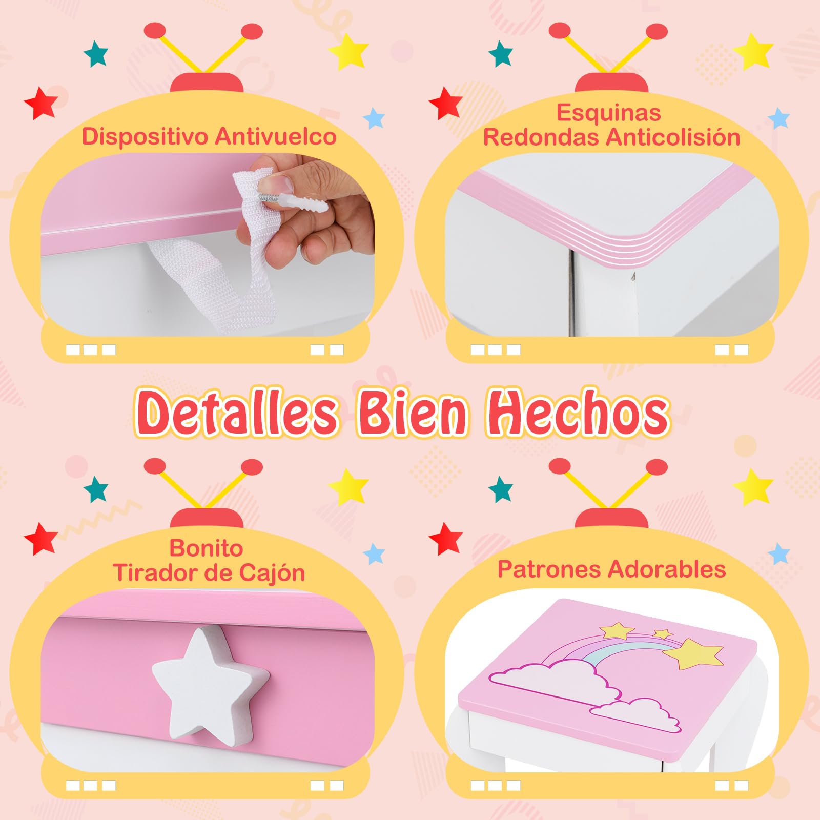 COSTWAY Mesa de Maquillaje con Taburete y Espejo para Niña, Tocador Princesa de Madera con Cajón, para Niñas de 3-7 Años (Blanco)
