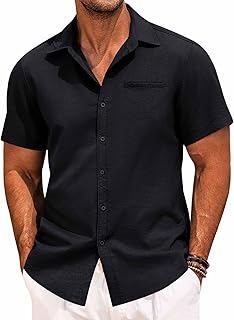 Camisas casuales de verano para hombre, de manga corta, color liso, con botones, blusas de playa con bolsillos delanteros, Negro, L
