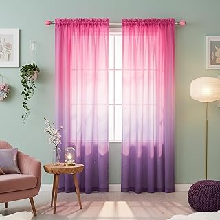 Pink and Purple Curtains for Girls Room Decorations Set 1 Sheer Panel Window Voile Ombre Lilac Little Princess Room Decor for Girls Bedroom Teen Kids Baby Nursery Living Area 84 Inch Length