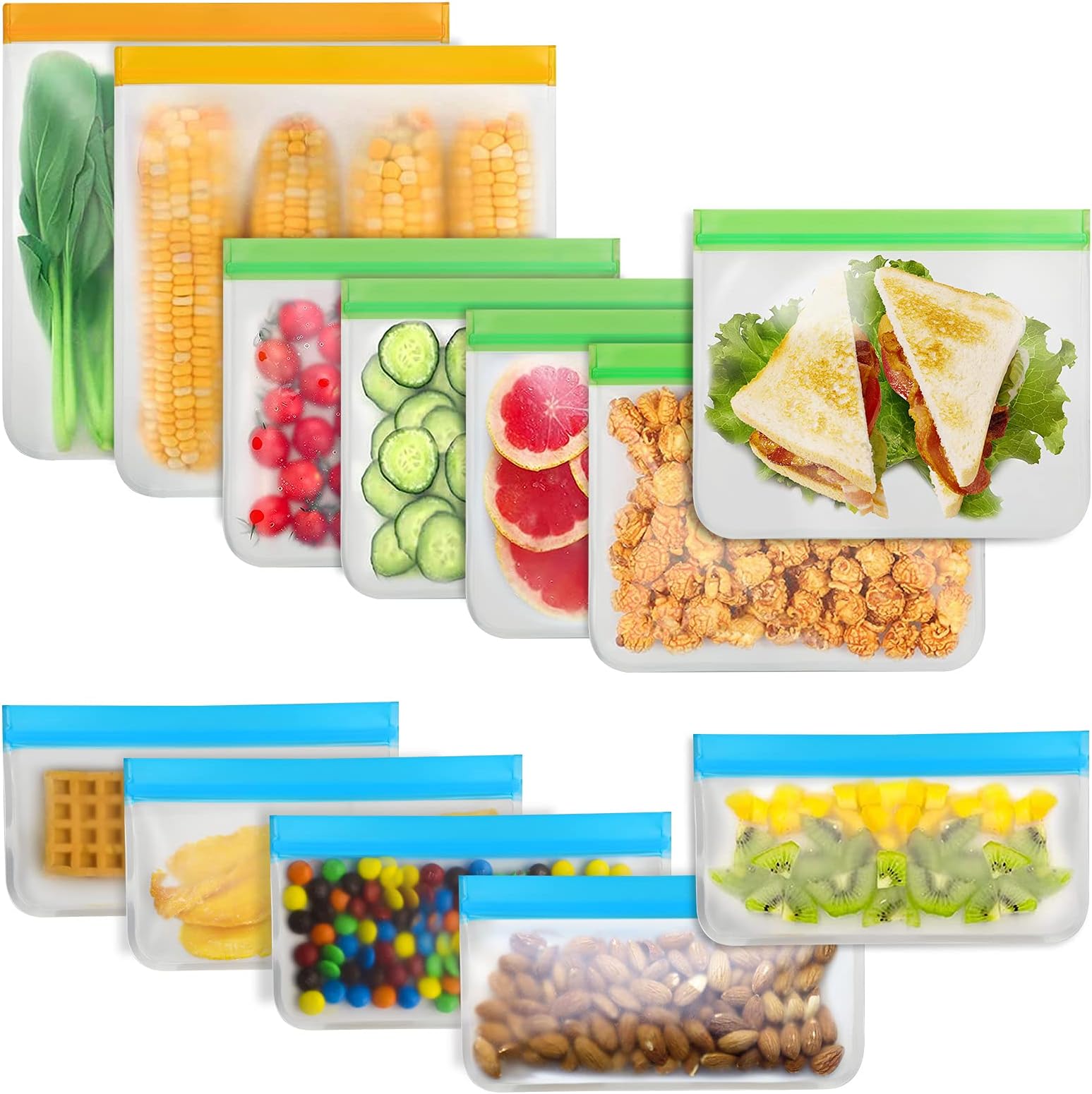 Reusable Food Storage Bags - 12 Count BPA Free Reusable Freezer Bags (2 Gallon & 5 Sandwich & 5 Snack Size Bags) Tangibay Leakproof Freezer Safe Bag for Meat Fruit Vegetable