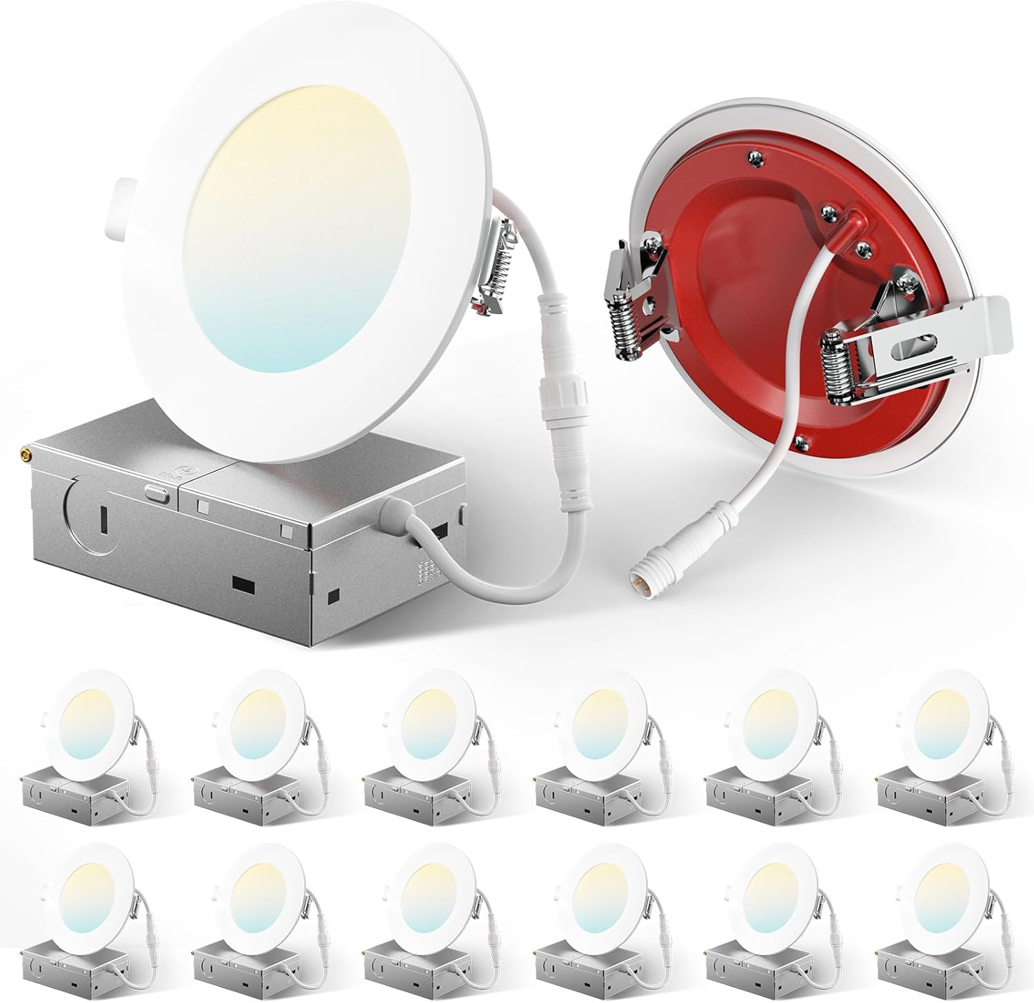 Amico 12 Pack 4 Inch Fire Rated LED Recessed Light with Junction Box, 2 Hour Fire Rating, 5CCT Selectable Ultra-Thin Ceiling Light, 900LM, Dimmable Canless Wafer Downlight, ETL&FCC, No Tenmat Needed