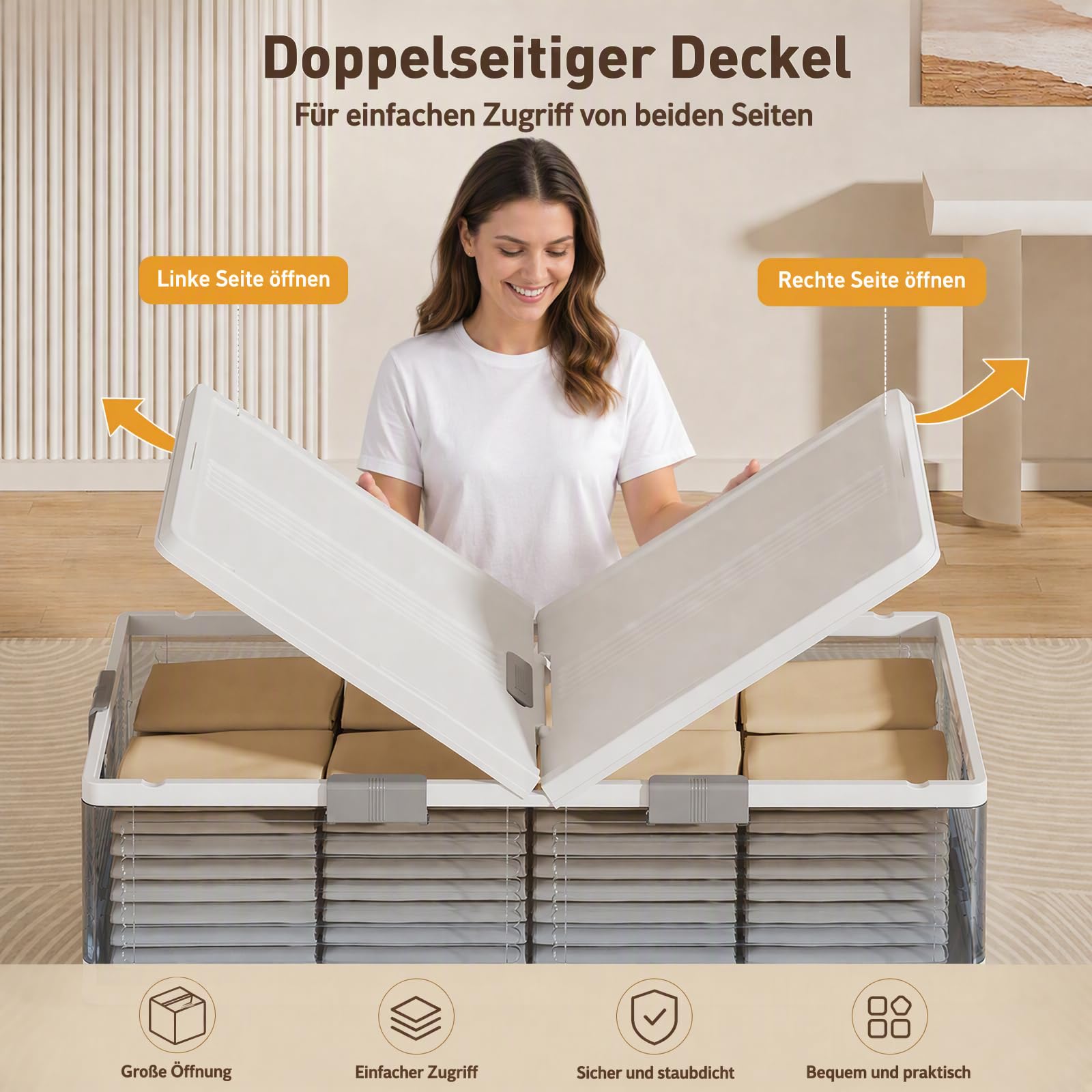 70L Plastik Unterbett Aufbewahrungsbox mit Rollen, Weiß