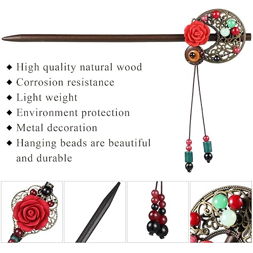 Miniatura 3 de 3 piezas de palillos chinos para el cabello, horquilla de madera retro japonesa, palillos para el cabello con flores, hechos a mano, accesorios para