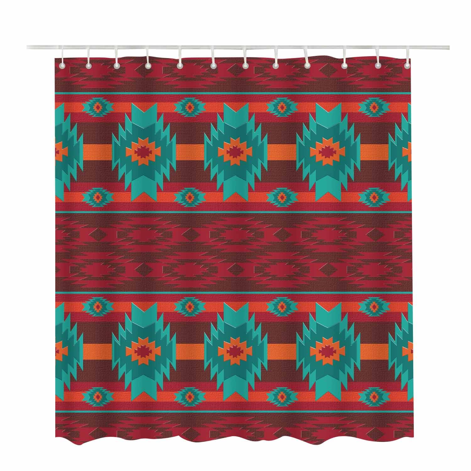 Woutay Shower Curtain Water Repellant Fabric Red Ethnic Aztec Pattern,Mould Proof Resistant,Polyester,with 12 Plastic Hooks - Image 2