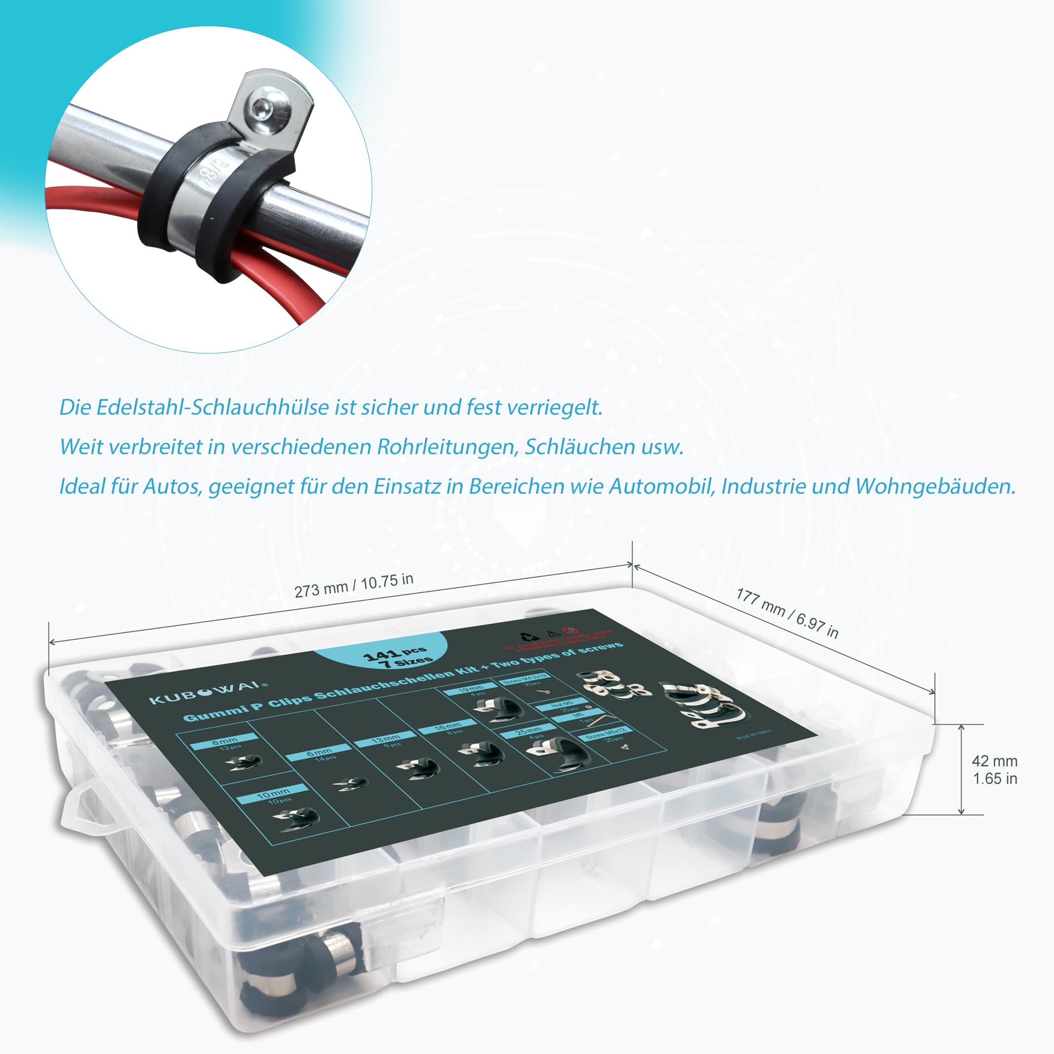 Lot de 141 Colliers de Serrage en Caoutchouc P en Acier Inoxydable 304 avec Insert en Caoutchouc, 7 Tailles (6 mm/8 mm/10 mm/13 mm/16 mm/19 mm/25 mm)