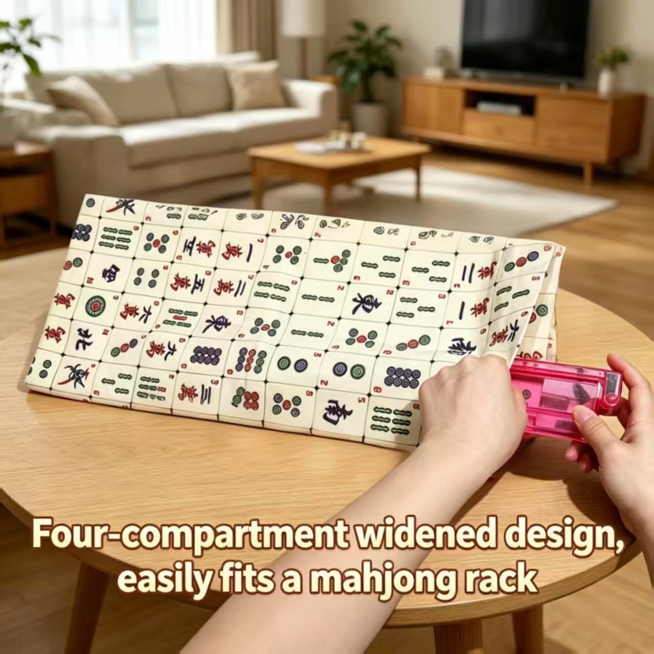 Mahjong Rack Bag, Heavy-Duty Canvas Mahjong Accessory Storage Organizer for Racks & Pushers, 4-Section Drawstring Bag with Mahjong Print, Fits Up to 18 Inch Mahjong Racks
