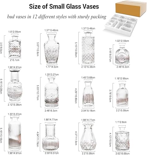 Miniatura 2 de Juego de 12 jarrones de cristal, pequeños jarrones transparentes para centros de mesa, mini jarrones de vidrio a granel, jarrones vintage surtidos