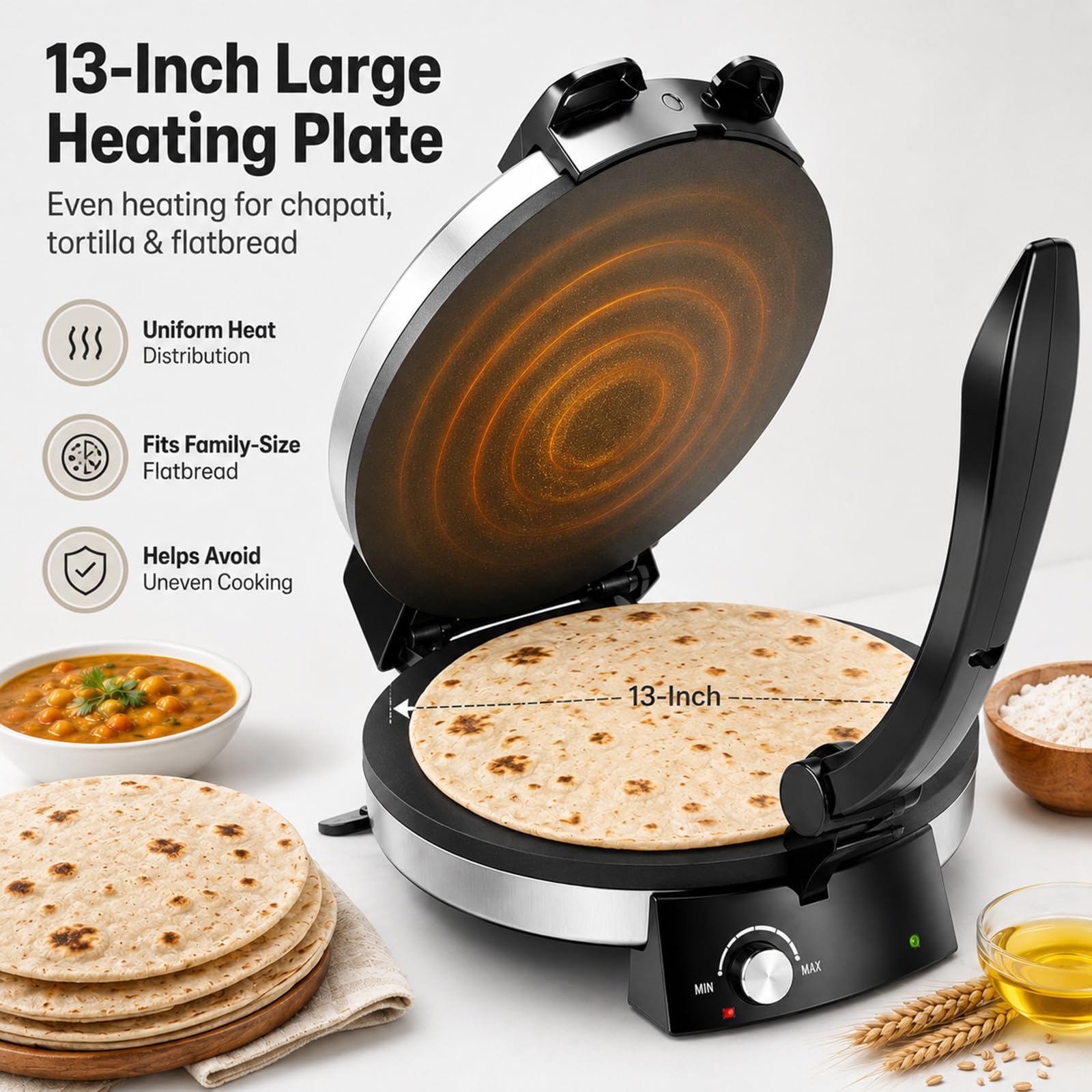 Máquina Eléctrica Roti 13", Prensa Antiadherente for Tortillas y Chapati | Máquina de Pan de Acero Inoxidable con Control de Temperatura for Auténticos Chapatis Indios y Tacos