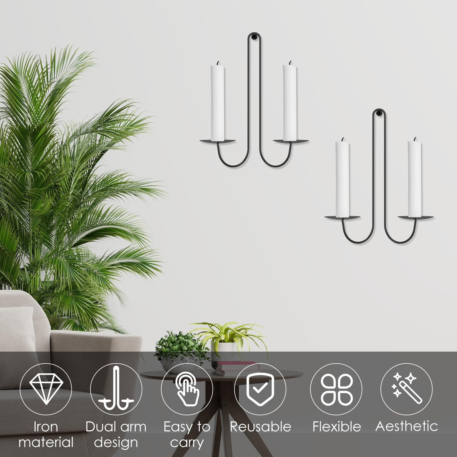 2Pcs Wall Candle Holders, Double Armed Wall Candle Sconce Holder, Symmetric Iron Hanging Candles Sconces for Living Room Farmhouse Fireplace Wedding
