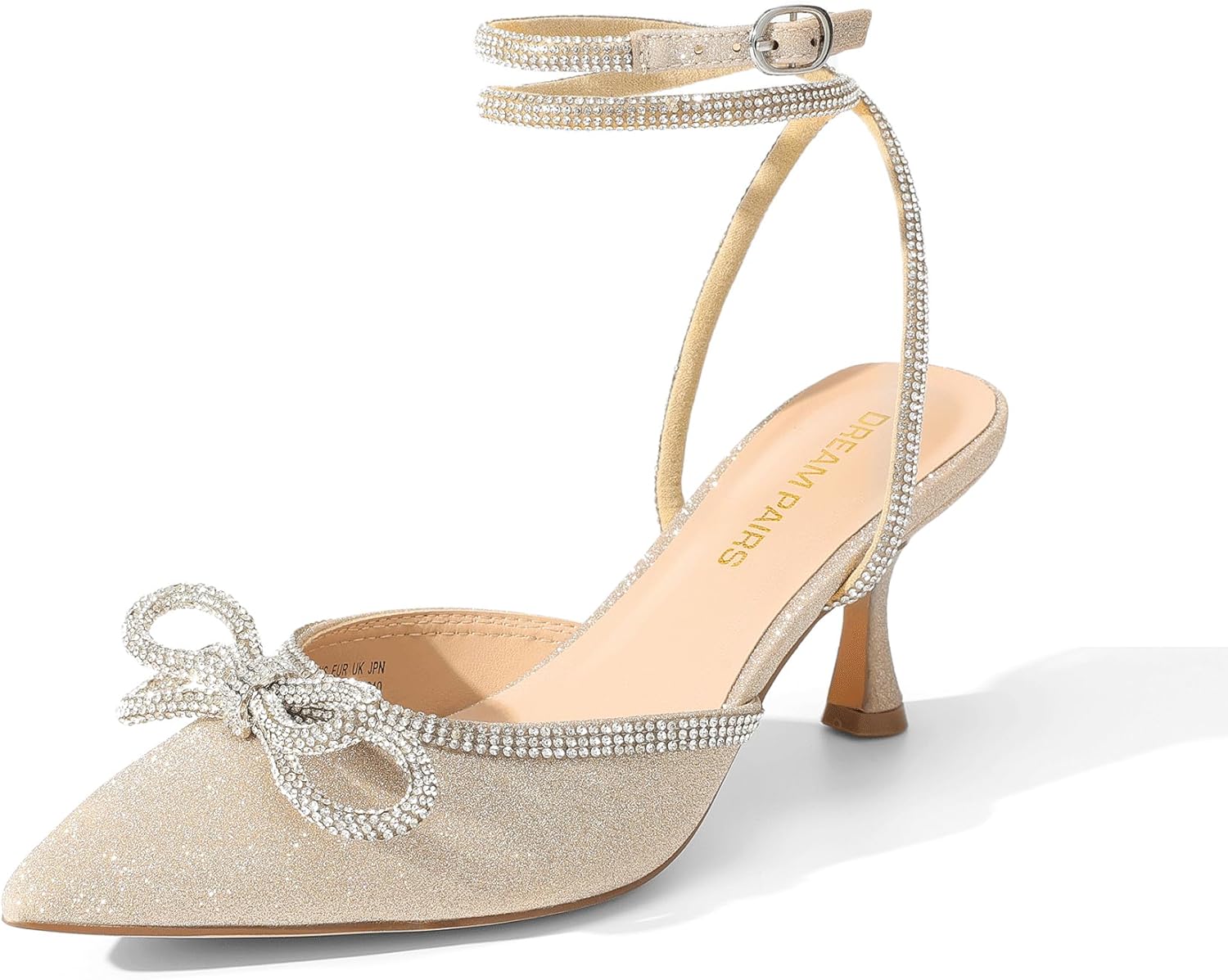 DREAM PAIRS Kitten Heels Rhinestone Bow Ankle Strap Stiletto Pointed Closed Toe Heels for Women Pumps Wedding Bridal Party Dress Shoes
