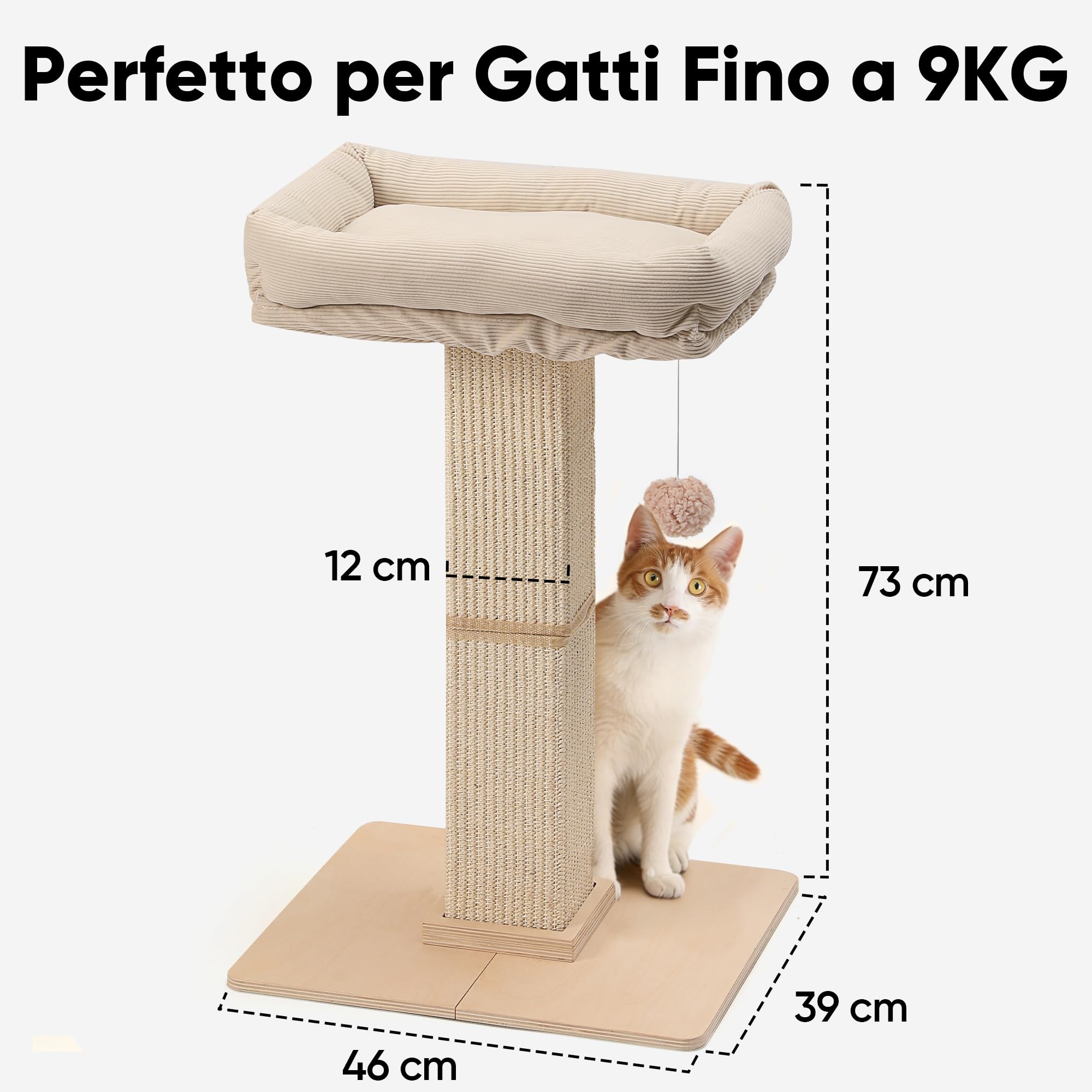 FUKUMARU Tiragraffi per Gatti, Moderno Palo Tiragraffi Alto con Cuccia per Gatti Adulti da Interno, Grande Albero Graffi con Cuccia, Struttura in Legno Massello e Sisal Naturale