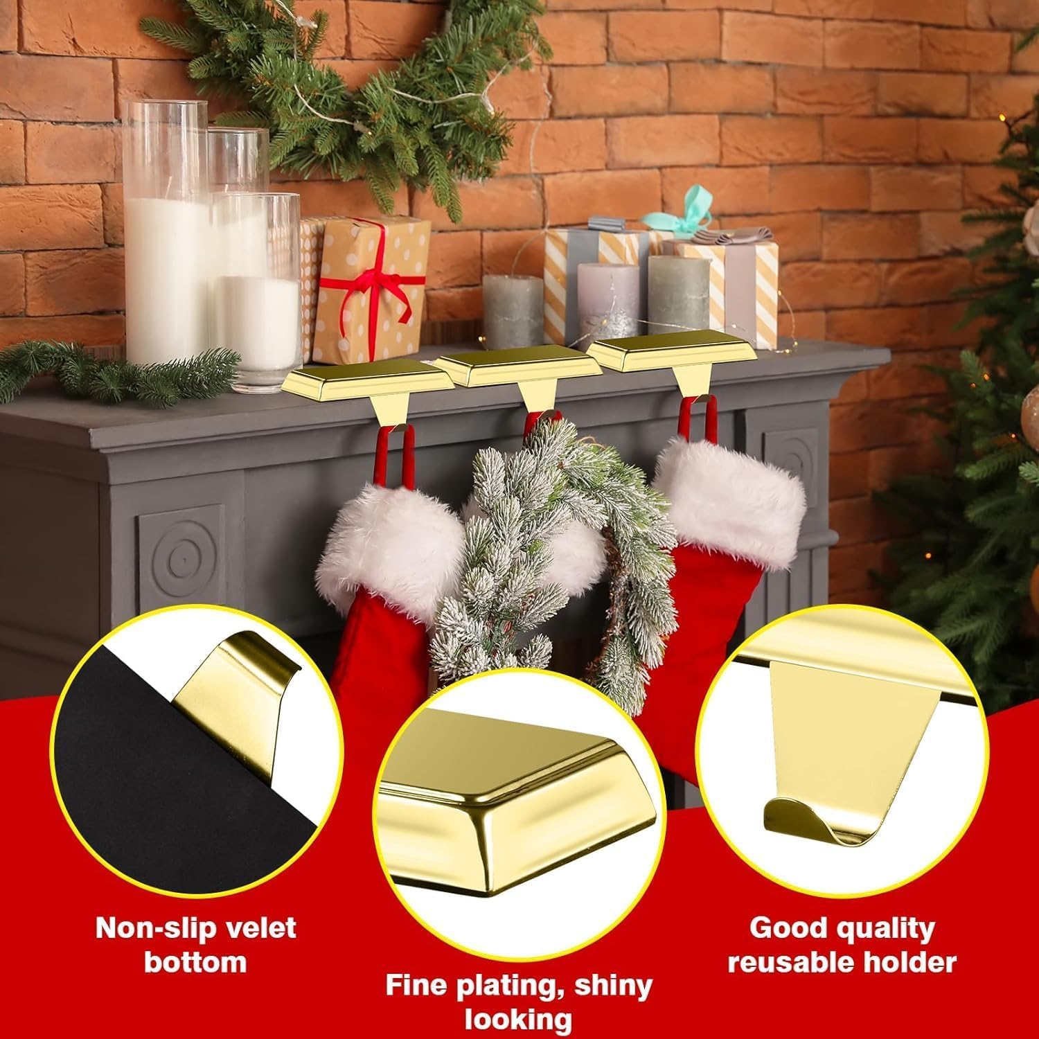 Supporti per calze di Natale, ganci in metallo, per caminetto, autoportanti, decorazione per feste di Natale (2 oro, 2)