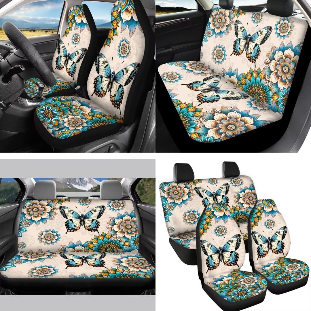 Alfombrillas De Coche Con Estampado De Mariposas Azules - 4 Piezas, Antideslizantes, Para Suelo Delantero Y Trasero