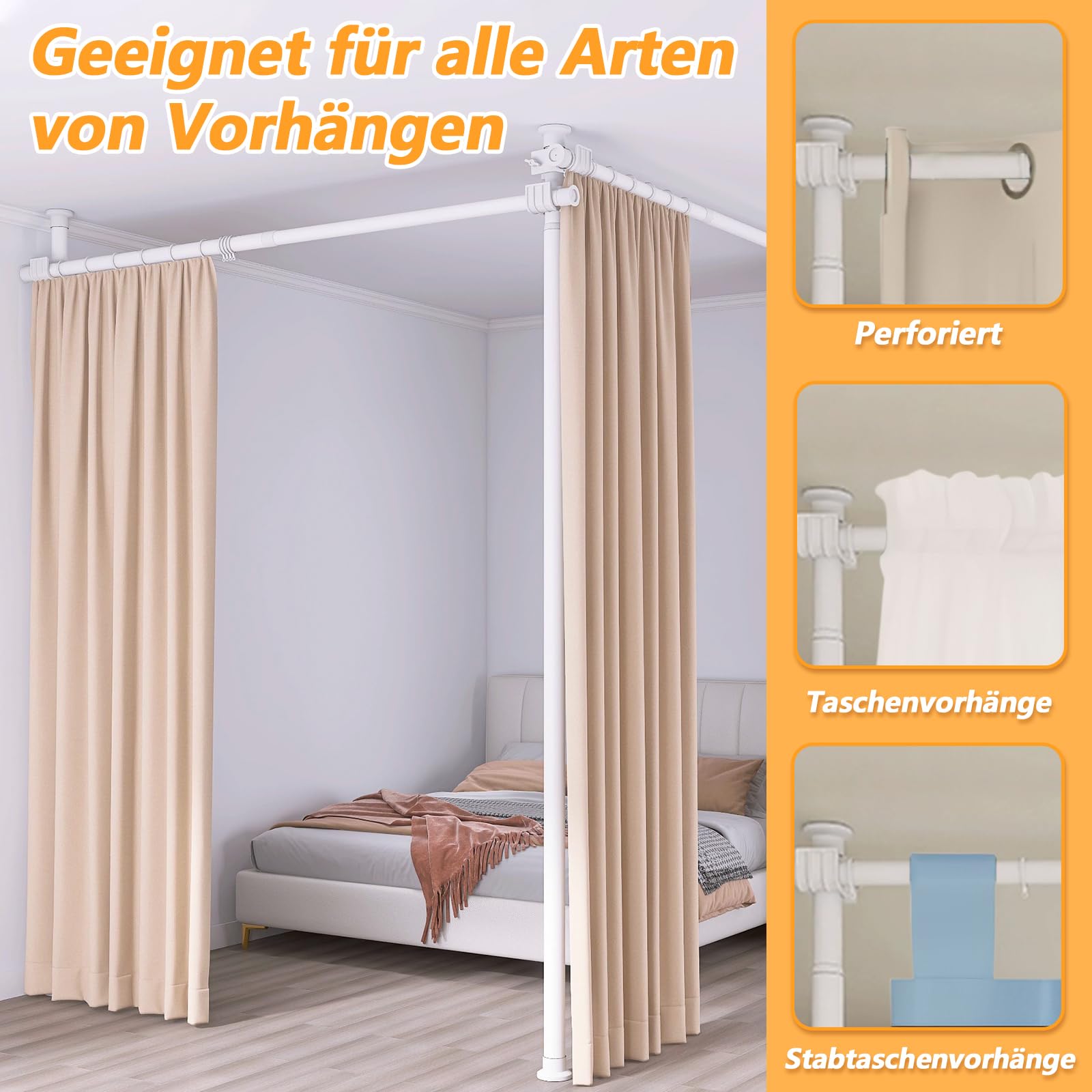 Asta divisoria per tende, colore bianco, divisorio per stanza, senza foro, regolabile, per soggiorno, camera da letto o ufficio, 121-304 cm (L), 71-289 cm (larghezza