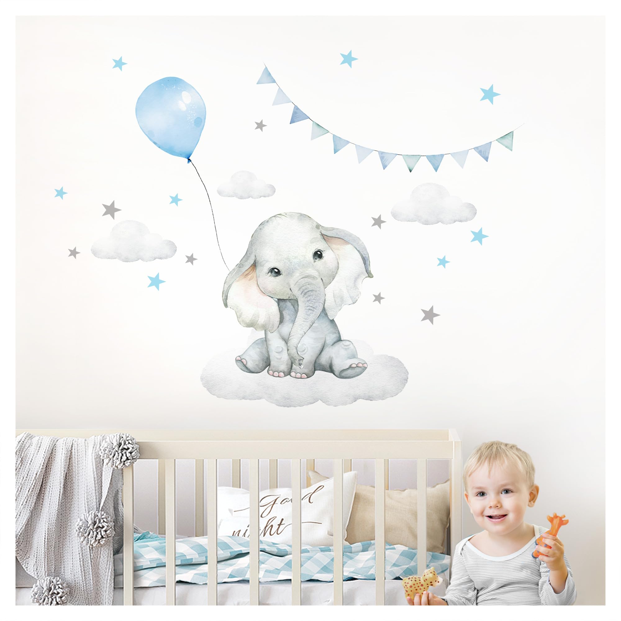 Sticker mural enfant éléphant bleu et nuages pour déco chambre
