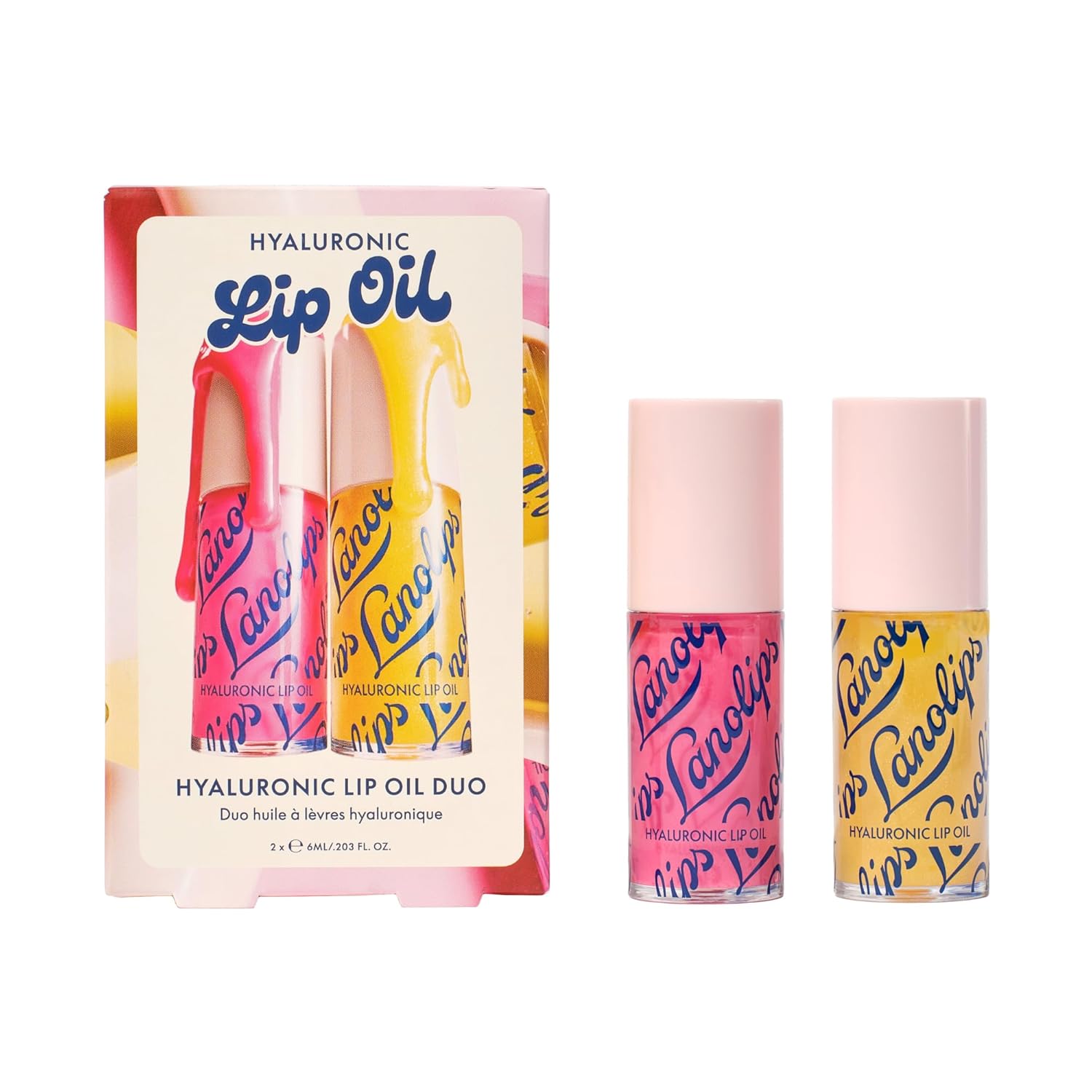 Lanolips Hydrating Lip Oil Duo Gift Set - Plumping Lip Gloss in Honey & Raspberry - Infused with Lanolin Oil, Hyaluronic Acid & Vitamin E - Non-Sticky, Glossy Finish (2 Pieces)