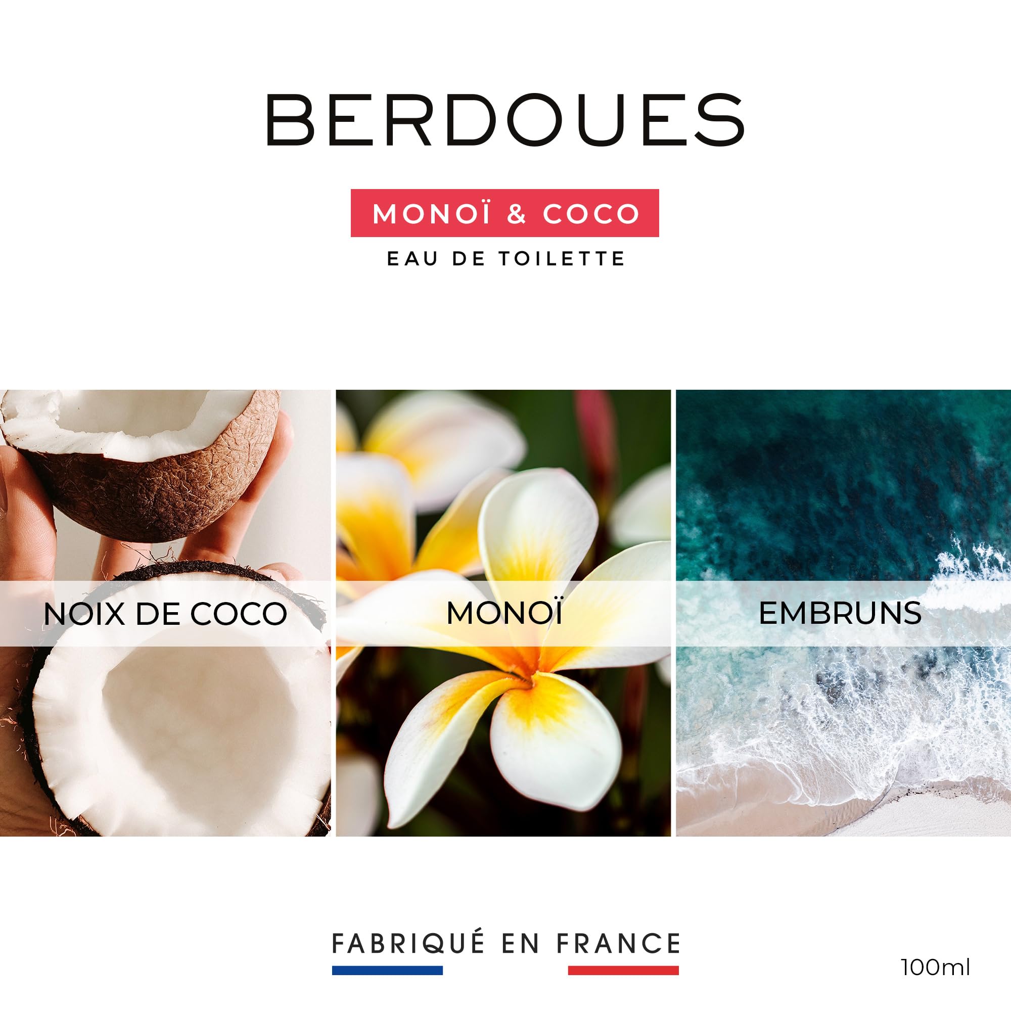 BERDOUES Monoi i Coco Woda toaletowa, Zmysłowa i słoneczna, Made in France, wegańska, bez barwników, perfumy damskie, Coco, Cytryna i Brus, butelka, 100 ml