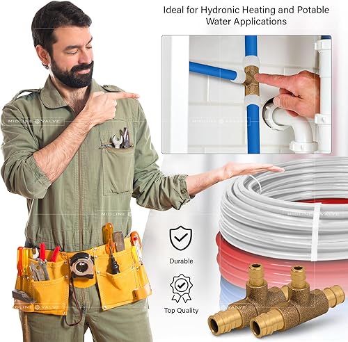 Miniatura 6 de Midline Valve S1228-5 PEX A Monoflow Tee Pipe Fitting para aplicaciones de calefacción hidrónica; 3/4 pulgadas x 3/4 pulgadas x 1/2 pulgadas