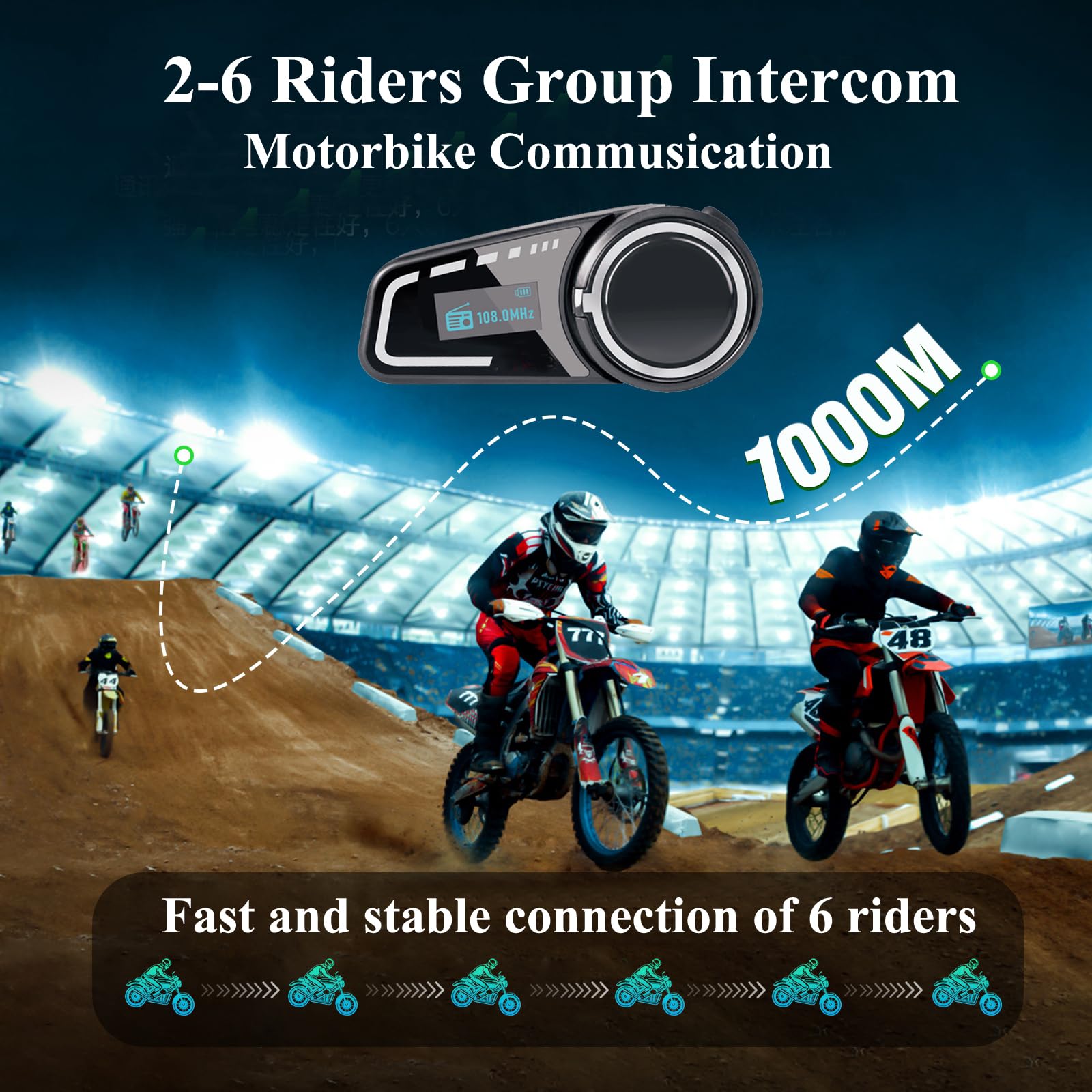 QSPORTPEAK Interfono moto bluetooth, M2C Cuffie Bluetooth per casco da moto per 2-6 piloti con schermo LCD, CVC + DSP Funzione di Riduzione del Rumore, Condivisione Musica,IP67 Impermeabile, 1 pezzi