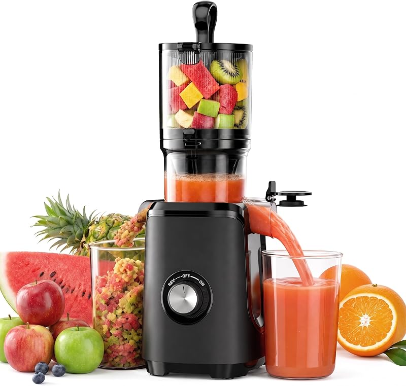 Slow Masticating Juicer, Cold Press with Reverse Function, Black | 4.25" Wide Chute for Whole Fruits, High Juice Yield, BPA-Free, Easy Clean, Dishwasher-Safe Parts, Ideal for Family Kitchen