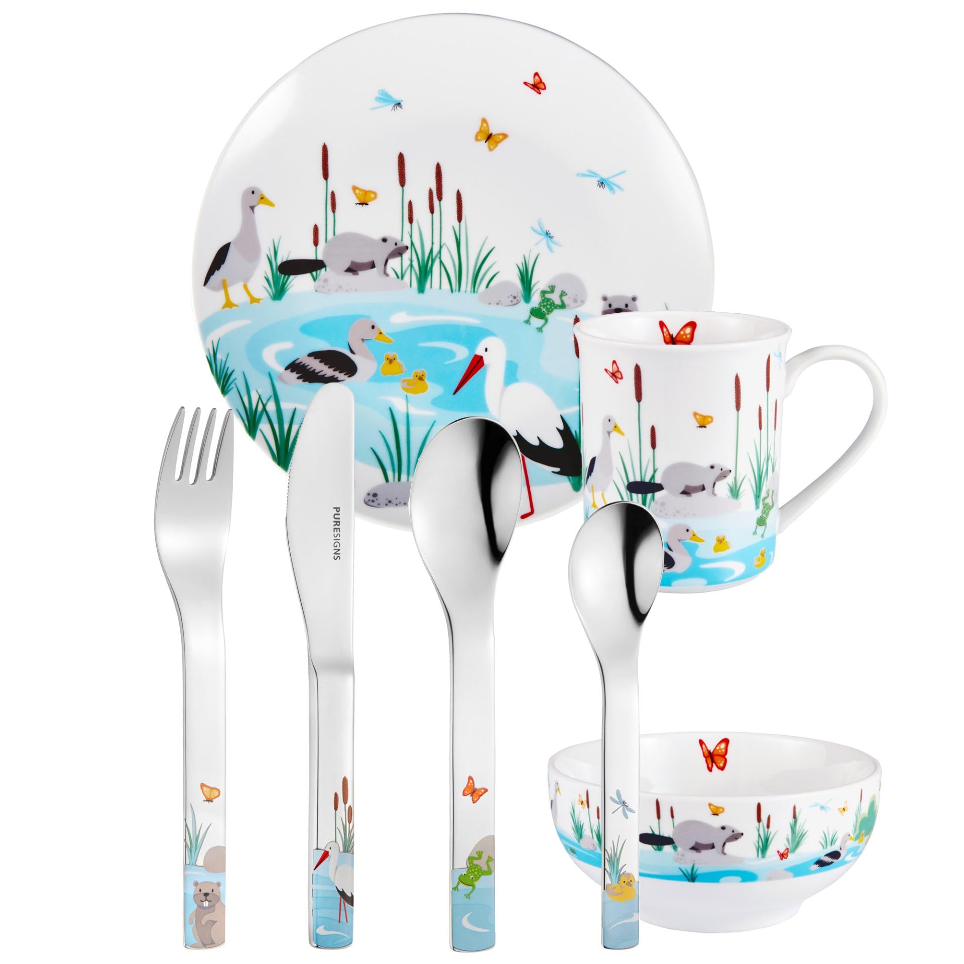 PURESIGNS Kinderset 7-teilig MANAO Porzellan & Edelstahl 18/10 | Geschirr + Besteck, BPA-frei & spülmaschinenfest