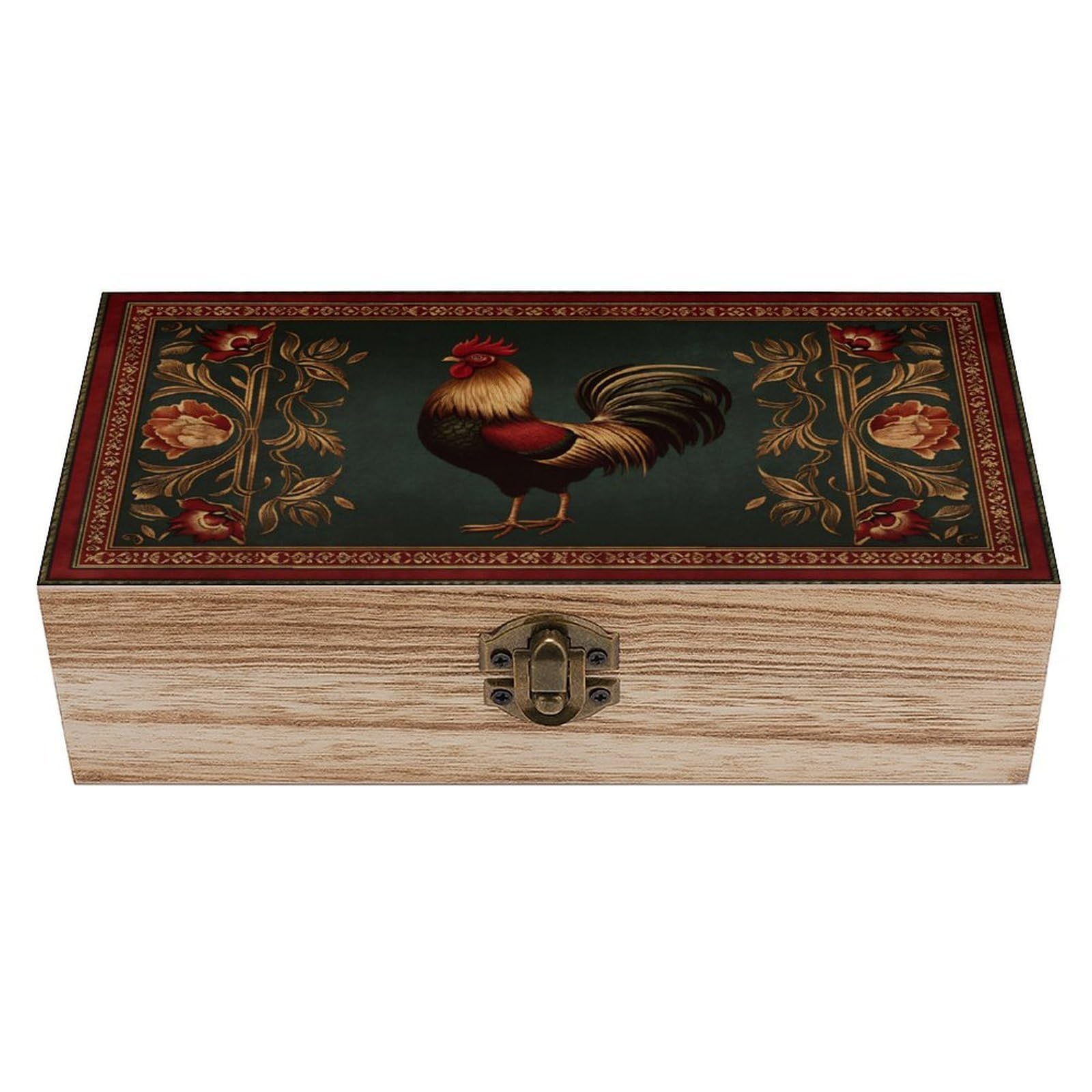 SMAZDFXX Rooster Floral Wooden Keepsake Box Vintage Solid Wood with Hinged Lid 7.9"×3.7"×2.3" Metal Latch Rustic Home Decor for Jewelry Photos And Trinkets